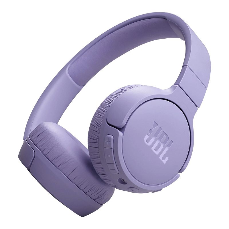 Фото-1 Наушники JBL Tune 670NC, вид спереди под углом на накладные беспроводные наушники; видны круглые чашки с логотипом JBL, кнопки управления на боковой панели и мягкое оголовье, фиолетовый цвет. Подходит для страницы товара и показывает общий внешний вид и органы управления.