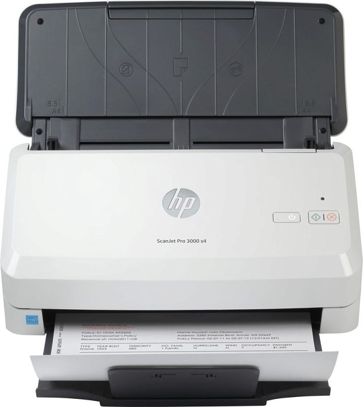 Фото-1 Сканер HP ScanJet Pro 3000 s4, фронтальный вид; белый корпус с тёмно-серым автоподатчиком сверху, лист выходит на передний лоток, справа кнопка питания и две функциональные кнопки; демонстрация работы подачи документов для страницы товара.