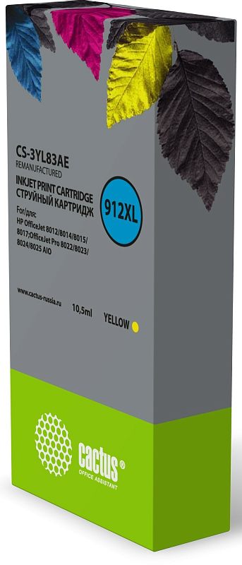 Фото-1 Струйный картридж Cactus CS-3YL83AE, жёлтый, 10,5 мл — коробка в ракурсе спереди-слева; видны код 912XL, маркировка Yellow, серый корпус упаковки и зелёная нижняя плашка; фото показывает боковой вид упаковки товара.