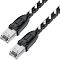 Фото-1 Патч-корд Greenconnect UTP Cat 6 GCR 52778, чёрно-белый 3 м &mdash; крупный план двух коннекторов RJ45 на светлом фоне. Видны прозрачные штекеры, чёрные корпуса с защёлками и плетёная оболочка кабеля. Фото показывает конструкцию разъёмов и внешний вид кабеля для страницы товара.