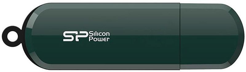 Фото-1 USB-накопитель Silicon Power LuxMini 320 16 GB, вид сбоку. На фото овальный корпус тёмно-зелёного цвета с глянцевой поверхностью, кольцом для шнурка слева и белой маркировкой Silicon Power на корпусе, на светлом фоне. Изображение важно для страницы товара, чтобы показать форму корпуса и отверстие для крепления.