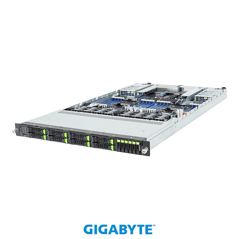 Фото-1 Серверная платформа Gigabyte R184-S91 rev. AAV1, вид спереди со снятой верхней крышкой; на фото видны шесть фронтальных отсеков 2,5 дюйма слева, ряд узких фронтальных отсеков справа и внутренняя компоновка с радиаторами и слотами памяти, что помогает показать конфигурацию платформы на странице товара.