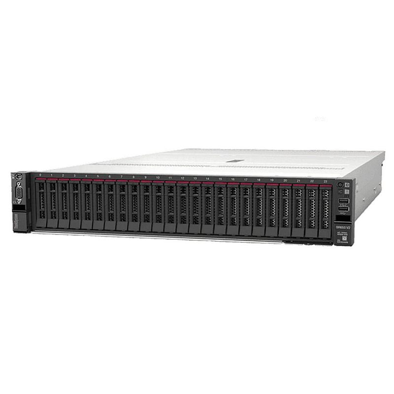 Фото-1 Сервер Lenovo ThinkSystem SR650 V2 (7Z73TA8100), фронтальный вид, передняя панель с корзинами 2,5" и нумерацией, блок индикации и разъёмы на правой стороне, корпус чёрно-серебристый.