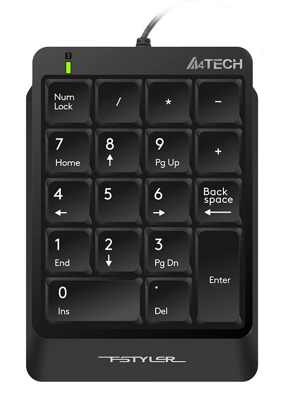 Фото-1 Цифровой блок A4Tech Fstyler FK13P, вид спереди сверху; проводной чёрный numpad с 18 клавишами, отдельными кнопками Num Lock, Backspace и Enter, сверху горит зелёный индикатор; фото показывает основную раскладку товара для страницы.