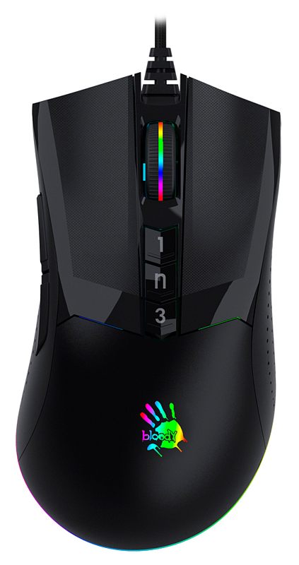 Фото-1 Мышь A4Tech Bloody W90 Pro, вид сверху; чёрный проводной корпус с раздельными кнопками, колесом и кабелем показан для страницы игровой мыши.