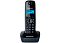 Фото-2 DECT‑телефон Panasonic KX‑TG1611RU: вид спереди, трубка установлена на базе; чёрный корпус, синяя подсветка экрана, блок клавиш с центральным джойстиком; на белом фоне — важно для понимания фронтального вида и читаемости элементов управления.