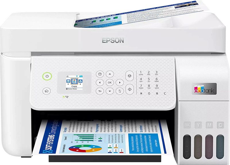 Фото-1 МФУ Epson EcoTank L5296, вид спереди: белый корпус, сверху автоподатчик с листом, по центру цветной экран и клавиатура, справа прозрачные резервуары чернил BK/Y/M/C; из нижнего выхода выходит распечатка, помогает понять компоновку панели и системы чернил.
