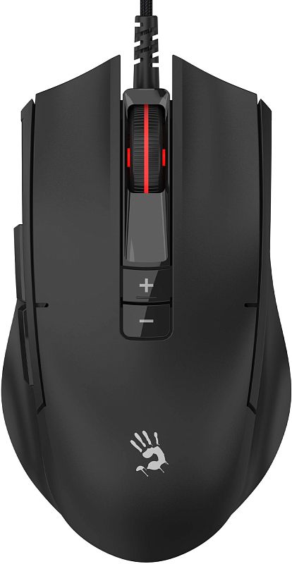 Фото-1 Проводная мышь A4Tech ES8 Stone Black, вид сверху. На фото чёрный корпус, колесо прокрутки с красной полосой и две центральные кнопки переключения с маркировкой плюс и минус. Изображение важно для страницы товара, потому что показывает верхнюю панель и основные органы управления.