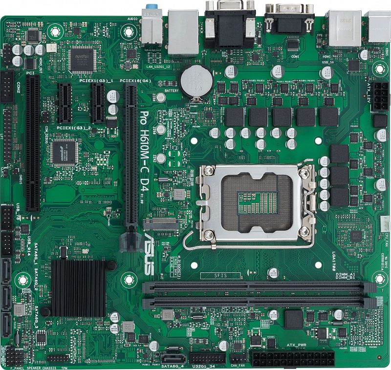 Фото-1 Материнская плата ASUS Pro H610M-C D4 CSM, вид сверху: зелёный текстолит, сокет LGA1700, два слота памяти, слоты PCIe и чёрный радиатор чипсета; на белом фоне, показывает компоновку и разъёмы для карточки товара.