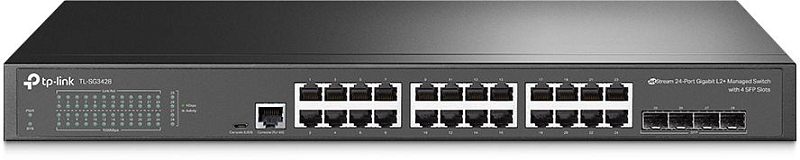Фото-1 Коммутатор TP-Link SG3428, вид спереди. На фото чёрный стоечный корпус с индикаторами слева, 24 портами RJ45, консольным портом и 4 слотами SFP справа. Изображение показывает фронтальную панель и конфигурацию интерфейсов для страницы товара.