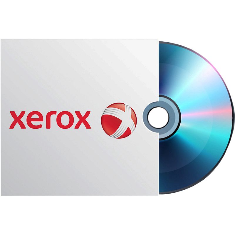 Фото-1 Комплект инициализации Xerox VersaLink C7125 097S05202 — коробка с диском, вид спереди; белый конверт/упаковка с логотипом xerox и наполовину видимый оптический диск; на белом фоне; показывает тип носителя в составе комплекта инициализации.