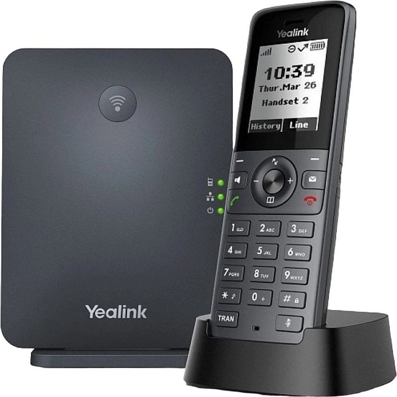Фото-1 IP-DECT комплект Yealink W71P, вид спереди: базовая станция с индикаторами и трубка в зарядной подставке, экран и клавиши на трубке, чёрный/графитовый корпус