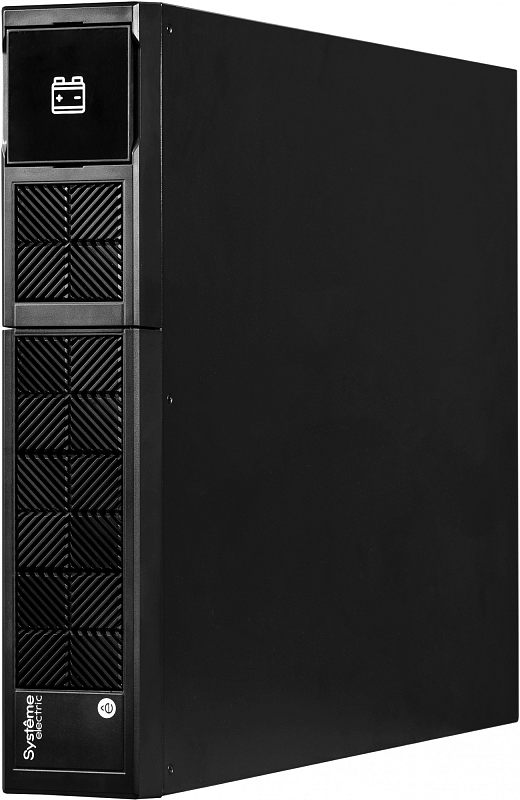 Фото-1 Батарея для ИБП Systeme Electric BPSE 72V BPSE72RT2U, вид спереди и сбоку в вертикальной установке: чёрный корпус с декоративной решёткой, верхним дисплейным окном с пиктограммой батареи и логотипом Systeme Electric. Для карточки товара показывает tower-конфигурацию и лицевую панель.