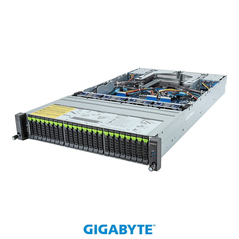 Фото-1 Серверnaya platforma gigabyte r283 z92 rev aae1 ace1 24x2 5, фронтальный вид; стоечный корпус с отсеками накопителей, индикаторами и вентиляционными зонами показан для страницы серверного оборудования. Описание фиксирует видимые элементы, чтобы изображение соответствовало теме страницы товара.