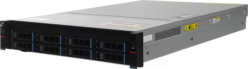 Фото-1 Сервер iRU G2208IG3 8x3.5 Rack 2U, вид спереди слева; серебристо-чёрный корпус с восемью фронтальными отсеками Enterprise SAS/SATA 12Gb, боковой вентиляцией и предупреждающими наклейками на стенке; показывает общий внешний вид шасси для страницы товара.
