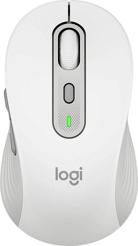 Фото-1 Беспроводная мышь Logitech M750, белая, вид строго сверху; видны белое колесо SmartWheel, центральная кнопка, зелёный индикатор и логотип logi. Изображение для карточки товара, чтобы показать верхнюю панель и цвет исполнения.