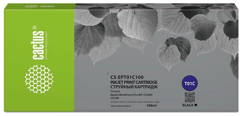 Фото-1 Картридж Cactus EPT01C100, вид спереди на транспортную коробку. На фото коробка с зелёной боковой панелью, серой лицевой стороной, маркировкой CS-EPT01C100, круглой меткой T01C и обозначением black. Объём указан на лицевой стороне — 188 мл. Изображение важно для страницы товара, потому что показывает упаковку, модель и цвет картриджа.