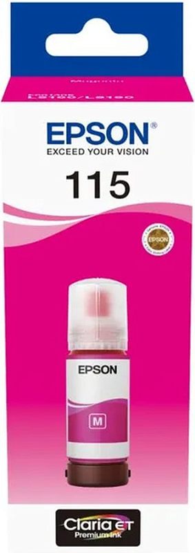 Фото-1 Чернила Epson 115 C13T07D34A, струйные, пурпурные, 70 мл; фронтальный вид упаковки, показана узкая бело-пурпурная коробка с логотипом Epson, числом 115 и изображением флакона; на лицевой стороне видны цветовая зона MAGENTA и серия Claria ET, что помогает распознать оригинальные чернила на странице товара.