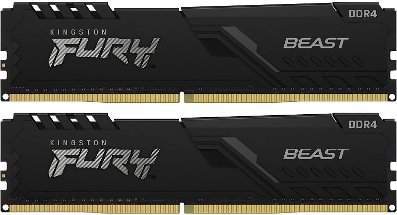 Фото-1 Комплект памяти Kingston FURY Beast Black KF436C17BBK2/16, фронтальный вид двух модулей на светлом фоне; чёрные радиаторы, надписи FURY и BEAST, маркировка DDR4 на правом крае, золотистые контакты снизу; важно для страницы товара, потому что фото показывает внешний вид пары модулей из комплекта.