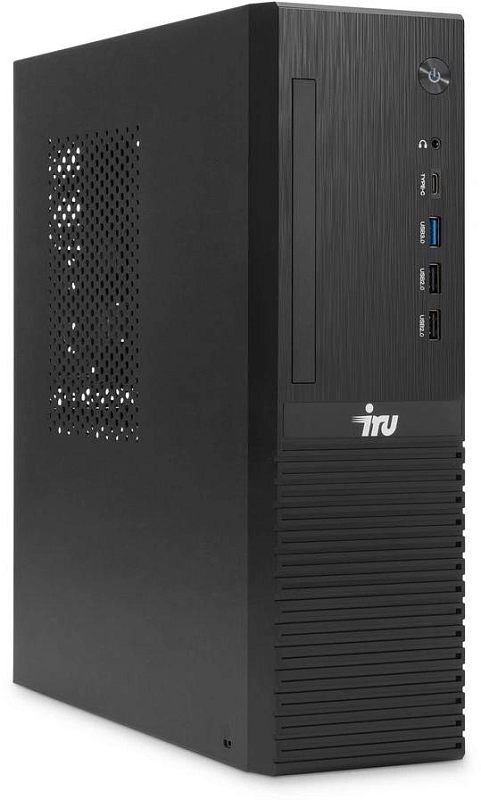 Фото-1 Настольный компьютер iRU 310SC SFF 2140085, вид спереди слева. На фото показан чёрный корпус SFF с узким отсеком слева, круглой кнопкой питания, аудиоразъёмом, USB-C, одним USB 3.0 и двумя USB 2.0 на фронтальной панели, слева видна вентиляционная перфорация. Изображение важно для страницы товара, потому что показывает корпус и передние интерфейсы системного блока.