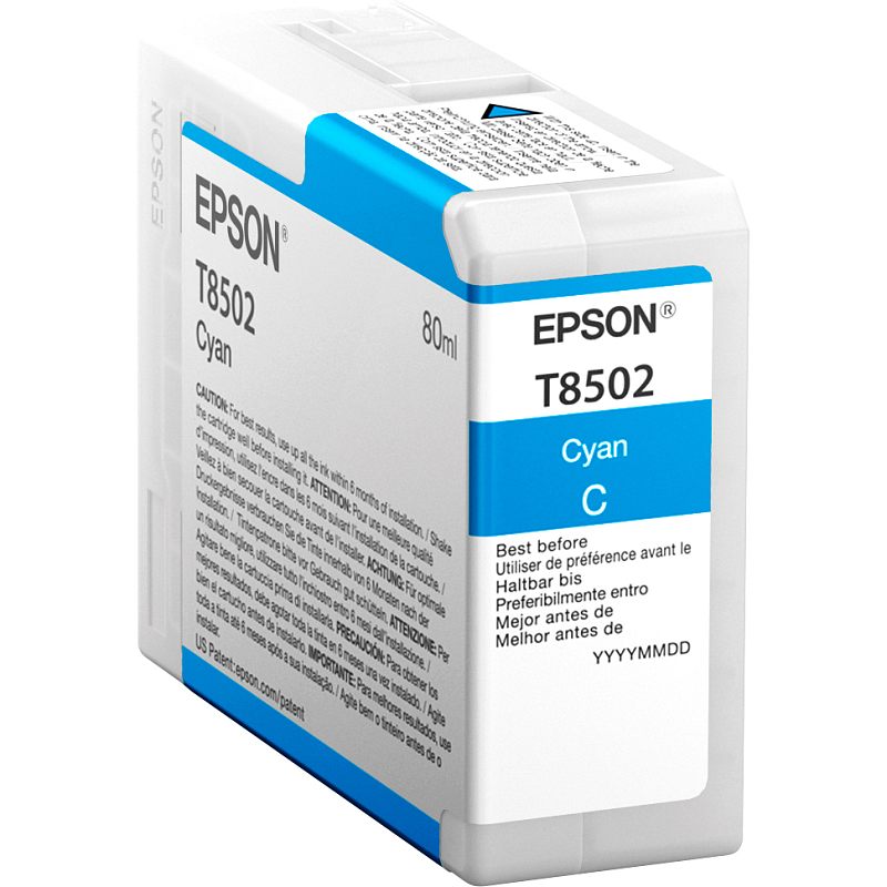 Фото-1 Картридж Epson T8502 голубой, фронтальный вид на упаковку; на фото видна белая коробка Epson T8502 Cyan с голубой вертикальной полосой, логотипом Epson и маркировкой серии на лицевой стороне; изображение показывает упаковку и цветовую идентификацию расходника для страницы товара.