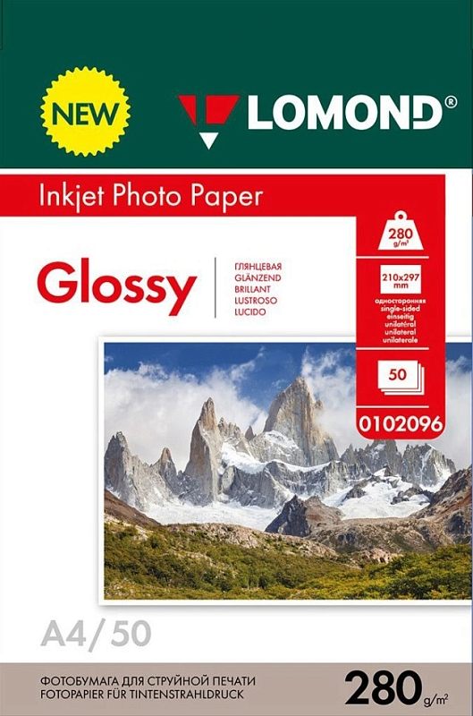 Фото-1 Фотобумага Lomond 0102096 A4 50 листов 280 г/м²: лицевая сторона «Inkjet Photo Paper Glossy», красный блок с плотностью и форматом, фото горного пейзажа; на белом фоне, важно для выбора глянцевой бумаги A4.