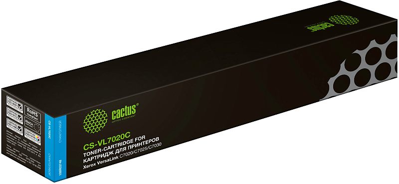 Фото-1 Тонер-картридж Cactus CS-VL7020C для Xerox VersaLink C7020/C7025/C7030, упаковка в боковом ракурсе. На фото длинная чёрная коробка с синей боковой полосой, маркировкой модели и логотипом Cactus, справа серый круговой узор. Изображение показывает формат упаковки и цветовую идентификацию для страницы товара.