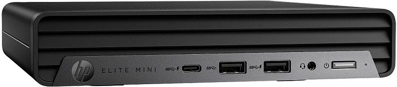 Фото-1 Неттоп HP Elite 800 G9 Mini PC C88QDAT, вид спереди слева; чёрный корпус mini PC с широкой фронтальной решёткой, кнопкой питания, USB Type-C, двумя USB Type-A и аудиоразъёмом на передней панели; для страницы товара показывает конструкцию фасада и основные фронтальные подключения.