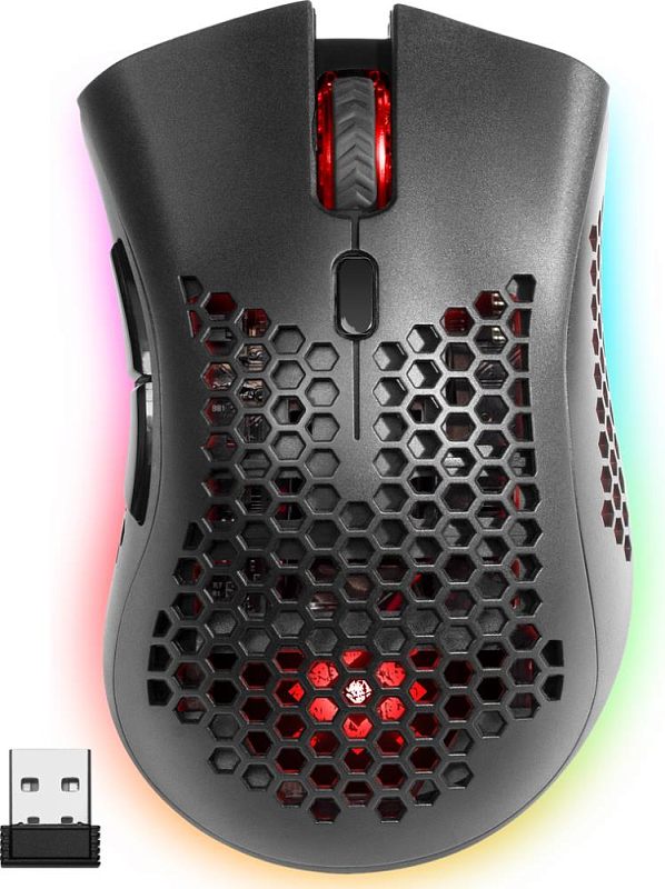Фото-1 Беспроводная игровая мышь Defender Warlock GM-709L, чёрная, вид сверху; показаны сотовая перфорация корпуса, красная подсветка внутри, колесо прокрутки, кнопка под колесом, боковые кнопки и отдельно USB-ресивер, что важно для страницы товара с дизайном и комплектом модели.