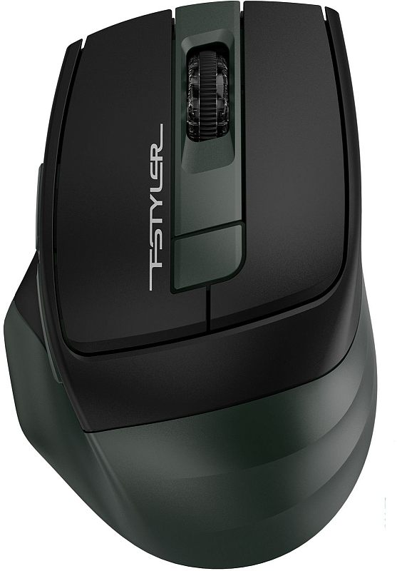 Фото-1 Мышь A4Tech FB35S USB Midnight Green, вид сверху; зелёный беспроводной корпус с кнопками, колесом и симметричной формой показан для карточки товара.