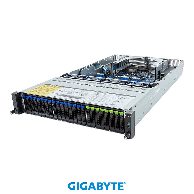 Фото-1 Серверnaya platforma gigabyte r283 z92 rev aae2 ace2 24x2 5, фронтальный вид; стоечный корпус с отсеками накопителей, индикаторами и вентиляционными зонами показан для страницы серверного оборудования. Описание фиксирует видимые элементы, чтобы изображение соответствовало теме страницы товара.