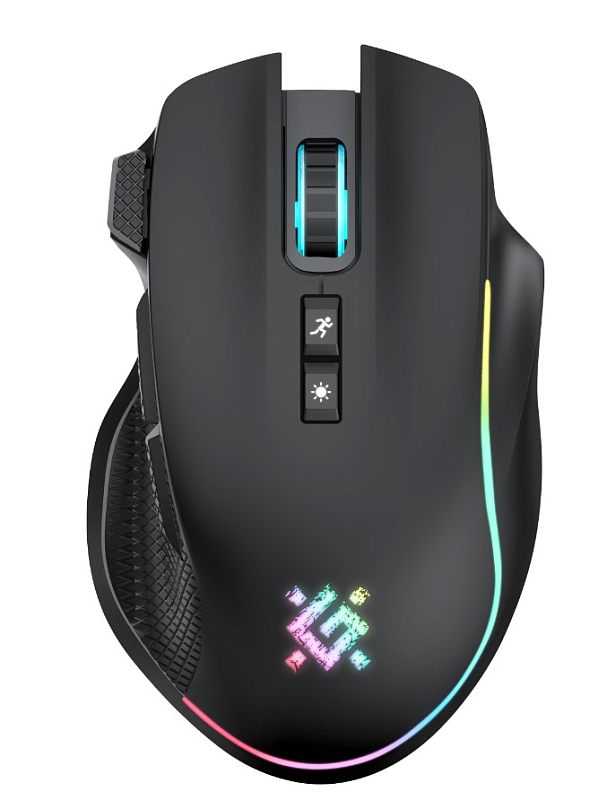 Фото-1 Беспроводная мышь Defender Gaming Thunder GM-213, чёрная, вид сверху; асимметричный корпус с упором под большой палец, бирюзовое колесо прокрутки, две центральные кнопки и RGB-подсветка по контуру, логотип на спинке; фото важно для страницы товара, потому что показывает форму хвата и размещение кнопок.
