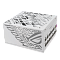 Фото-6 Блок питания для ПК ASUS ROG Strix 1000W Platinum White Edition, ракурс на боковую и фронтальную части. На фото видна крупная боковая решётка вентилятора с белыми лопастями и графика ROG на соседней панели. Этот ракурс показывает форму корпуса и вентиляционную зону для страницы товара.