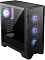 Фото-2 Корпус MSI Forge 321R Airflow: вид спереди‑сбоку, чёрная передняя панель‑сетка, за ней три вентилятора с кольцевой подсветкой, боковая стеклянная панель, сзади установлен вентилятор.