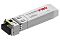 Фото-1 Трансивер SFP+ FIBO FT-S10-W3320LD, вид под углом: металлический корпус серебристого цвета, чёрная защитная заглушка на торце, проволочная защёлка и жёлтая вставка на фиксаторе, наклейка с маркировкой модели; на белом фоне для подтверждения внешнего исполнения и идентификации модуля.