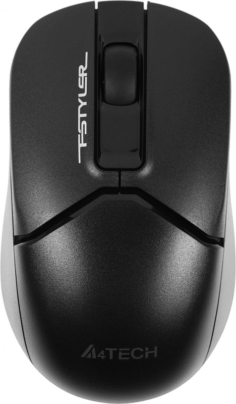 Фото-1 Беспроводная мышь A4Tech Fstyler FB12 Black, вид сверху; показаны колесо прокрутки, центральная глянцевая вставка с логотипом Fstyler и маркировка A4TECH на задней части, корпус чёрный. Фото показывает внешний вид и базовые органы управления модели.