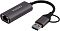 Фото-11 USB‑Ethernet адаптер DIGMA DLA‑GEUC01 — предметное фото на белом фоне: корпус с портом RJ‑45 и кабель с USB‑A, рядом короткий вывод с переходником на USB‑C; показывает варианты подключения к разным USB‑портам.