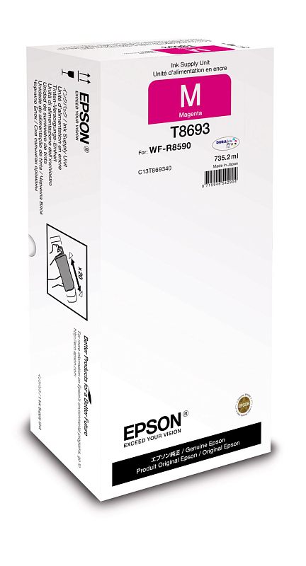 Фото-1 Струйный картридж Epson T8383, пурпурный, вид на упаковку под углом: на фото белая коробка Epson Ink Supply Unit с крупной пурпурной меткой M Magenta T8693, указанием совместимости WF-R8590 и схемой установки на боковой панели; изображение показывает заводскую упаковку и маркировку товара для страницы расходника.