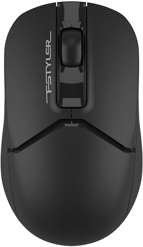 Фото-1 Беспроводная мышь A4Tech Fstyler FB12S USB Black, вид сверху. На фото чёрный симметричный корпус, матовая верхняя поверхность, узкая глянцевая вставка по центру и колесо прокрутки в передней части. Изображение важно для страницы товара, потому что показывает базовый внешний вид и форму верхней панели.