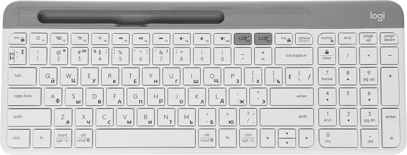 Фото-1 Клавиатура Logitech K580 920‑009209, вид сверху: белый корпус с серой верхней планкой, продольным пазом‑подставкой для смартфона или планшета, русско‑латинской раскладкой и цифровым блоком; изображение на светлом фоне для карточки товара, показывает полную раскладку и встроенную подставку для устройств.