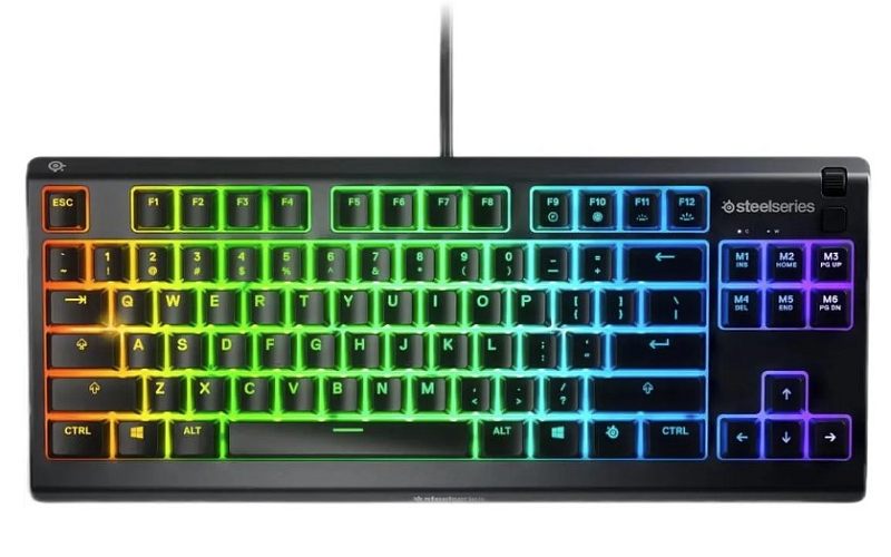 Фото-1 Клавиатура SteelSeries Apex 3 TKL RU, вид сверху; укороченная раскладка без цифрового блока, чёрный корпус, разноцветная подсветка по зонам и отдельные мультимедийные клавиши справа; изображение показывает компоновку клавиш для страницы товара.