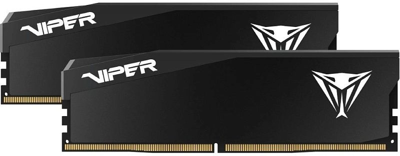 Фото-1 Комплект памяти Patriot Viper Elite 5 Ultra VEU564G6028K, фронтальный вид двух DIMM-планок на светлом фоне. Показаны лицевые панели радиаторов, логотип Viper, ломаные линии корпуса и верхние вставки по длине модуля. Чёрный цвет. Изображение важно для страницы товара, потому что показывает комплектность и дизайн радиаторов серии Viper Elite 5 Ultra.