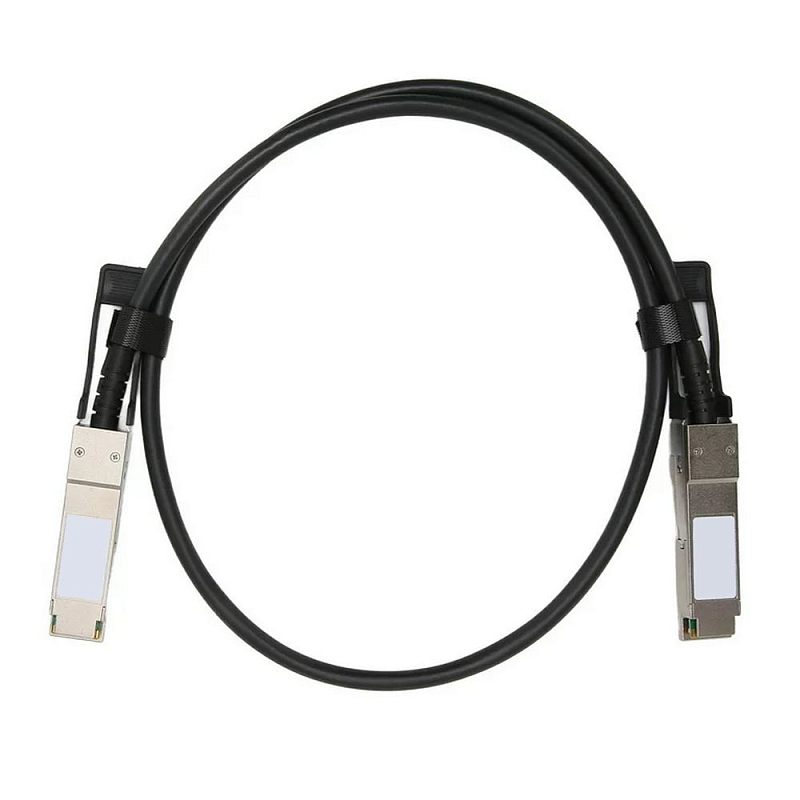 Фото-1 Кабель QSFP28–QSFP28 ACD (серия DA), общий вид: чёрный кабель свернут в кольцо на белом фоне, два широких металлических модуля с чёрными петлями‑язычками. Фото важно для подтверждения форм‑фактора QSFP28 разъёмов.