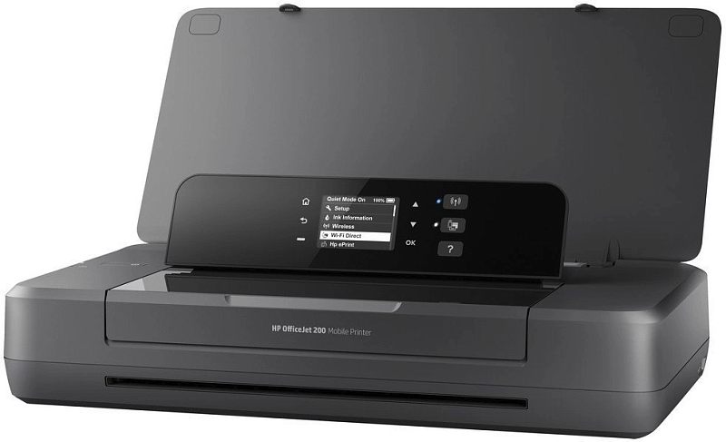 Фото-1 Мобильный струйный принтер HP OfficeJet 200, вид спереди с открытой верхней крышкой: тёмно‑серый корпус, в центре панель управления с небольшим экраном и кнопками, открытый лоток подачи; фото на белом фоне показывает элементы управления и доступ к бумаге в карточке товара.