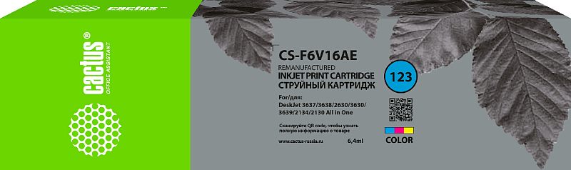 Фото-1 Струйный картридж Cactus CS-F6V16AE, длинная упаковка с видом спереди; зелёно-серая коробка горизонтального формата с серыми листовыми элементами, голубым кругом 123, QR-кодом, надписью Color и объёмом 6,4 мл, на панели указан список совместимых моделей HP DeskJet; фото на белом фоне важно для страницы товара, так как показывает модель, серию и трёхцветный тип картриджа.