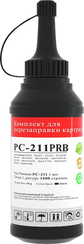 Фото-1 Тонер Pantum PC-211PRB, фронтальный вид флакона; видны чёрный пластиковый корпус с рифлёной крышкой на шнурке, бело-красная этикетка PC-211PRB и маркировка black, на светлом фоне, для страницы товара важно как подтверждение формата бутылки для заправки и модели тонера.
