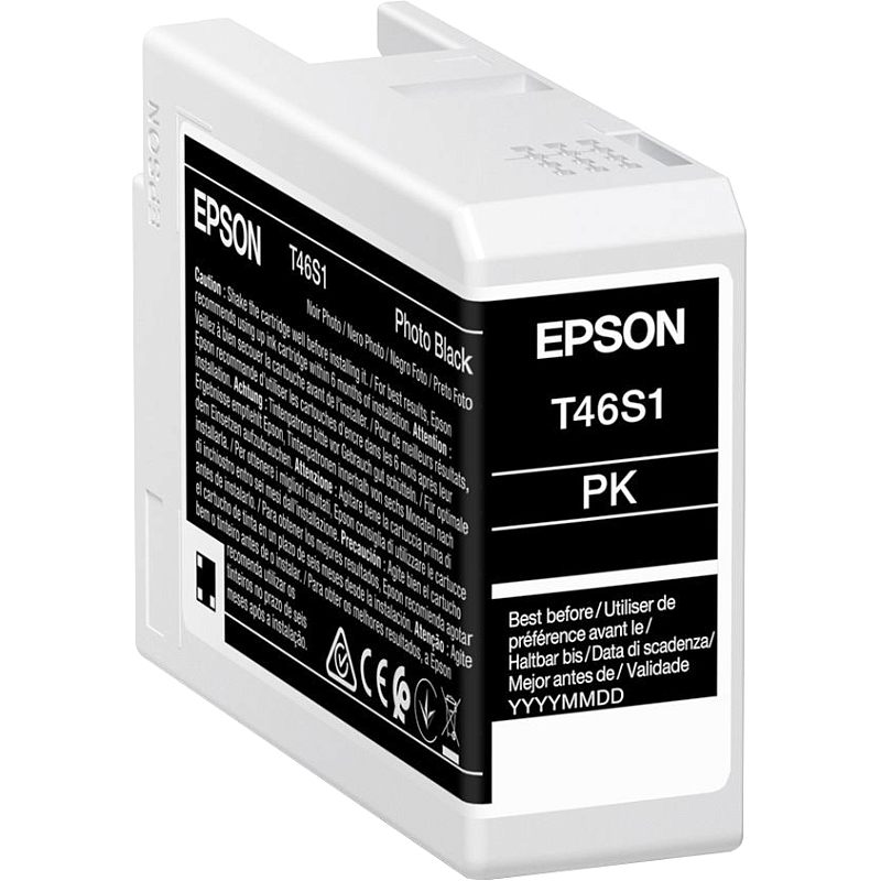 Фото-1 Картридж Epson T46S1 Photo Black, вид спереди слева; белый пластиковый корпус с чёрной этикеткой, маркировкой T46S1 и PK, верхними направляющими и плоским основанием. Изображение товара на белом фоне для карточки расходника и проверки модели и цвета перед заказом.
