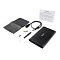 Фото-3 Внешний корпус для HDD/SSD 2.5" Gembird EE2-U3S-50, комплект на белом фоне: чёрный корпус, USB‑кабель с синей вставкой, чехол, отвёртка, винты, круглая прокладка и лист инструкции &mdash; чтобы показать комплект для сборки и подключения.
