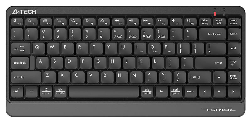 Фото-1 Клавиатура A4Tech FBK11 Grey, графитовая, вид сверху. На фото видны компактная раскладка без цифрового блока, низкопрофильные клавиши и световые индикаторы в правом верхнем углу. Изображение показывает внешний вид клавиатуры и расположение клавиш, что важно для страницы товара с компактной моделью.