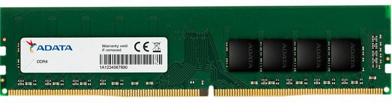 Фото-1 Модуль памяти ADATA Premier AD4U32008G22-SGN 8GB DDR4 U-DIMM, фронтальный вид стороны с наклейкой. На фото зелёная плата, белая этикетка ADATA слева, четыре чипа ADATA справа и контактный гребень по нижнему краю. Изображение показывает лицевую сторону и маркировку модуля для страницы товара.